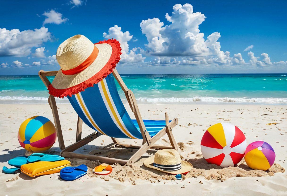 A vibrant summer scene featuring a stylish lounge chair on a sandy beach, scattered with colorful swimwear items like bikinis and swimsuits, alongside a beach ball and sunhat. Include a dollar sign subtly integrated into the sand, symbolizing budgeting. The sky is a bright blue with fluffy clouds, conveying a carefree atmosphere. super-realistic. vibrant colors. white background.