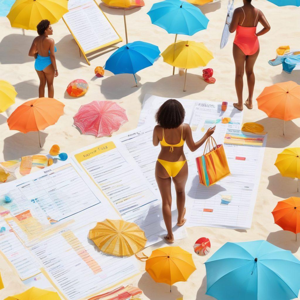 A vibrant scene depicting a stylish, sunlit beach with diverse shoppers holding colorful swimwear, surrounded by beach umbrellas and sunbathers. In the foreground, a shopping list with budget calculations and price tags on swimwear items, symbolizing financial tips. Bright blues and yellows dominate the color palette, indicating a cheerful summer vibe. super-realistic. vibrant colors. white background.