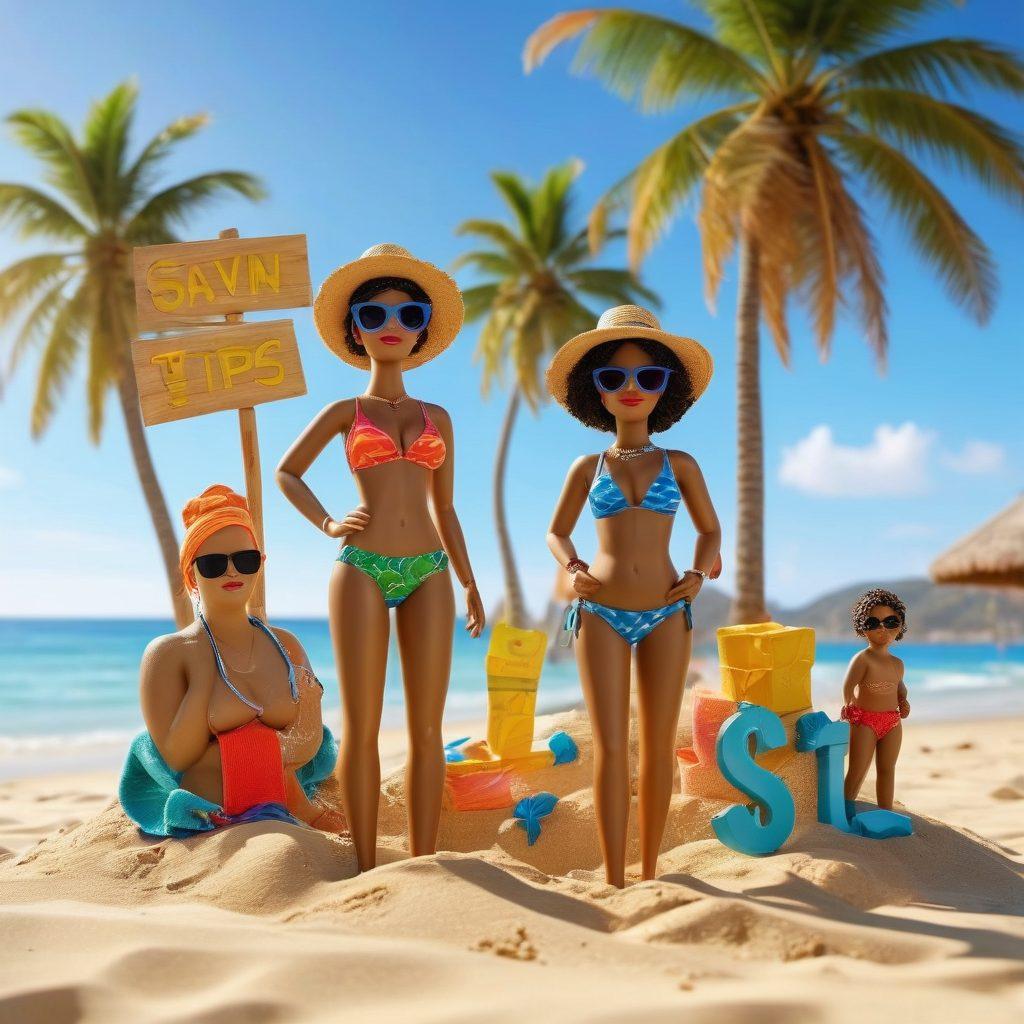 A tropical beach scene with colorful beachwear showcased on vibrant mannequins, surrounded by palm trees and golden sand. Brightly lit sun reflecting off azure waves, with playful children building sandcastles nearby. A signpost labeled 'Savings Tips' adorned with dollar signs directing toward discount beachwear shops. Summer vibes with sunglasses and towels arranged stylishly around. super-realistic. vibrant colors. 3D.